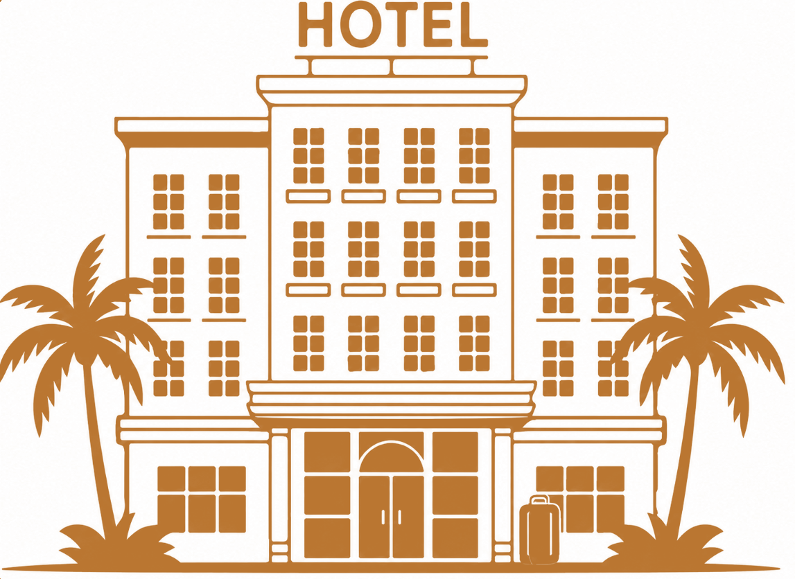 Illustration of the Atithi hotel building with palm trees